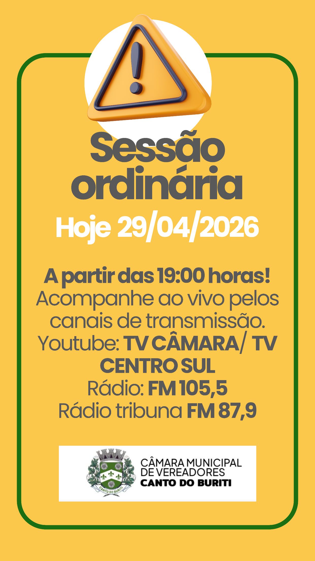 Câmara Municipal de Canto do Buriti realizará Sessão Ordinária nesta quarta-feira